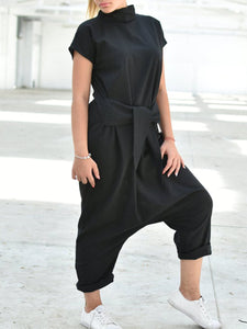 Casual Loose Solid Color Short Sleeve Jumpsuit