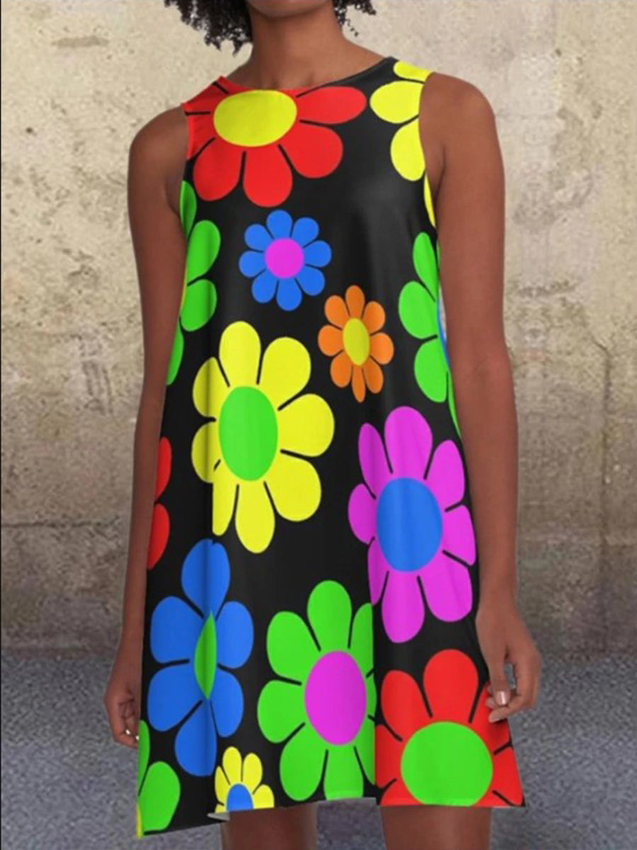 Round Neck Sleeveless Daisy Floral Printed Casual Dress