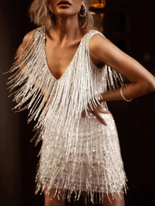 V-neck Fringed Slim Mini Dress