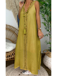 Pure Color V-Neck Strapless Lace Maxi Dress