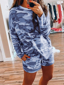 Simple Loose Casual Lounge Top Shorts Camouflage Set