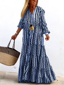 Loose Long Sleeve Zigzag Casual Dress for Summer Autumn