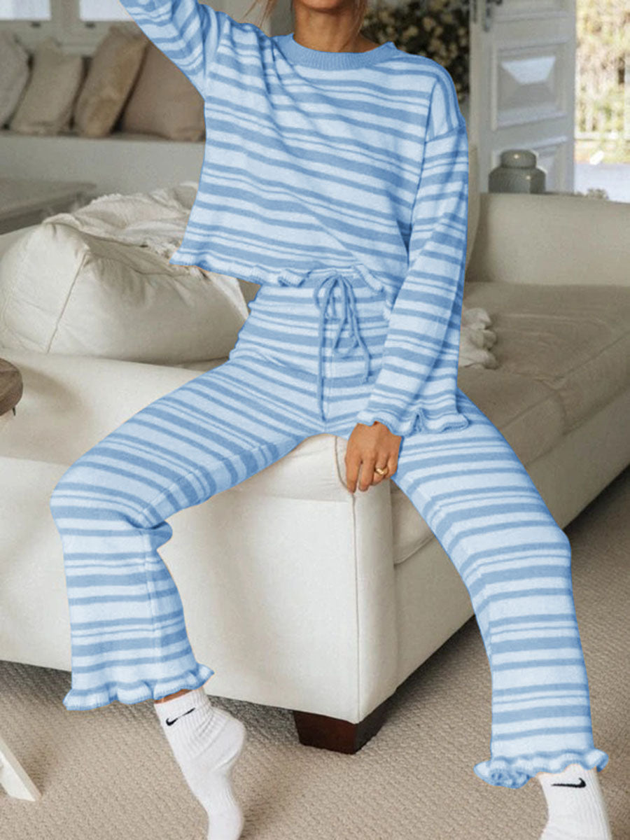 Simple Casual Loose Top Pants Striped Knitted Suit