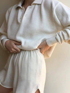Casual Loose V-neck Solid Color Lapel Two-piece Suit