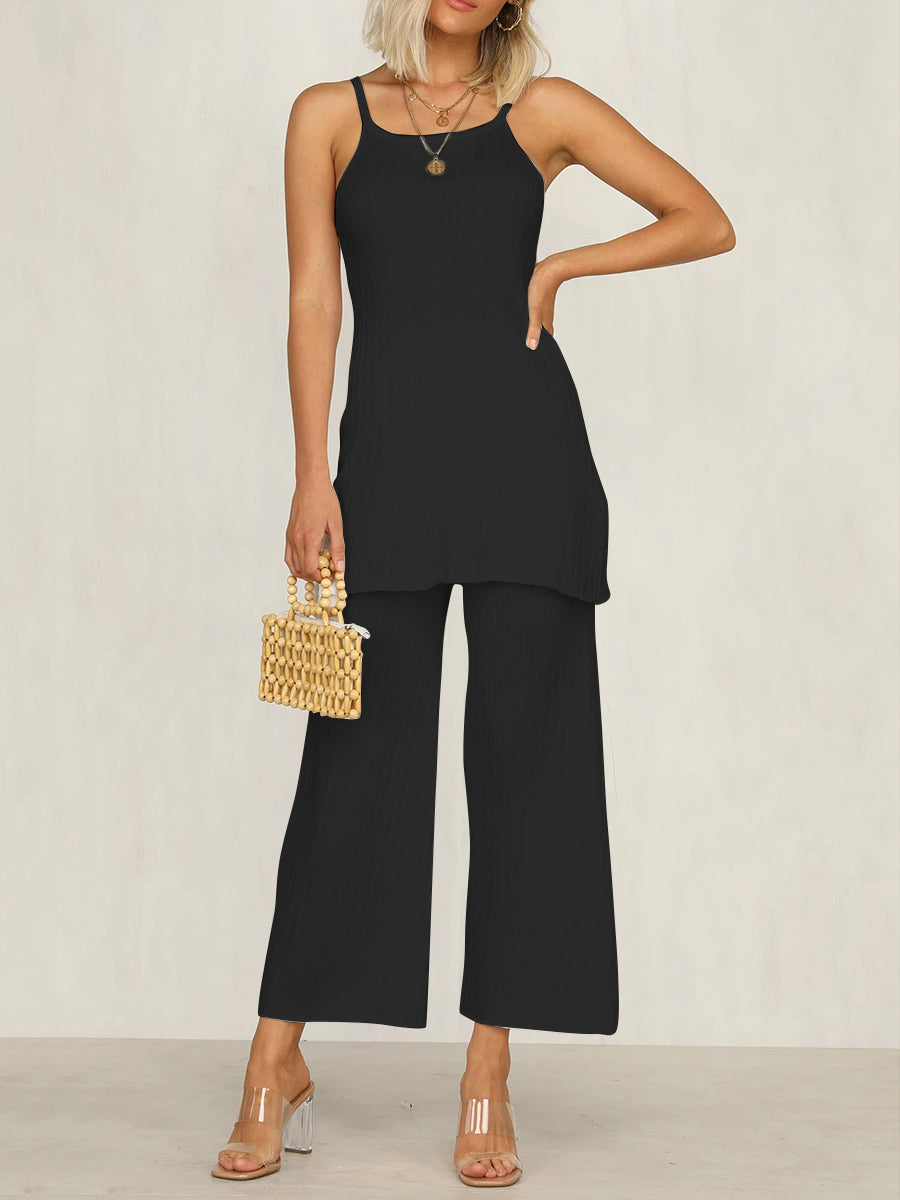 Casual Solid Color Suspender Top Two-piece Suit