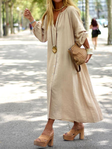 Simple Lantern Sleeve Loose Casual Button Long Dress