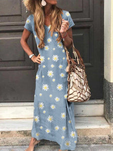 Casual Waist Swing Short Sleeve Daisy Print Dress