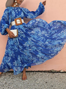 Print Chiffon Lantern Sleeves Dress