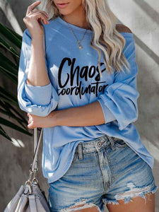 Printed Casual Off-The-Shoulder Long-Sleeved T-Shirt