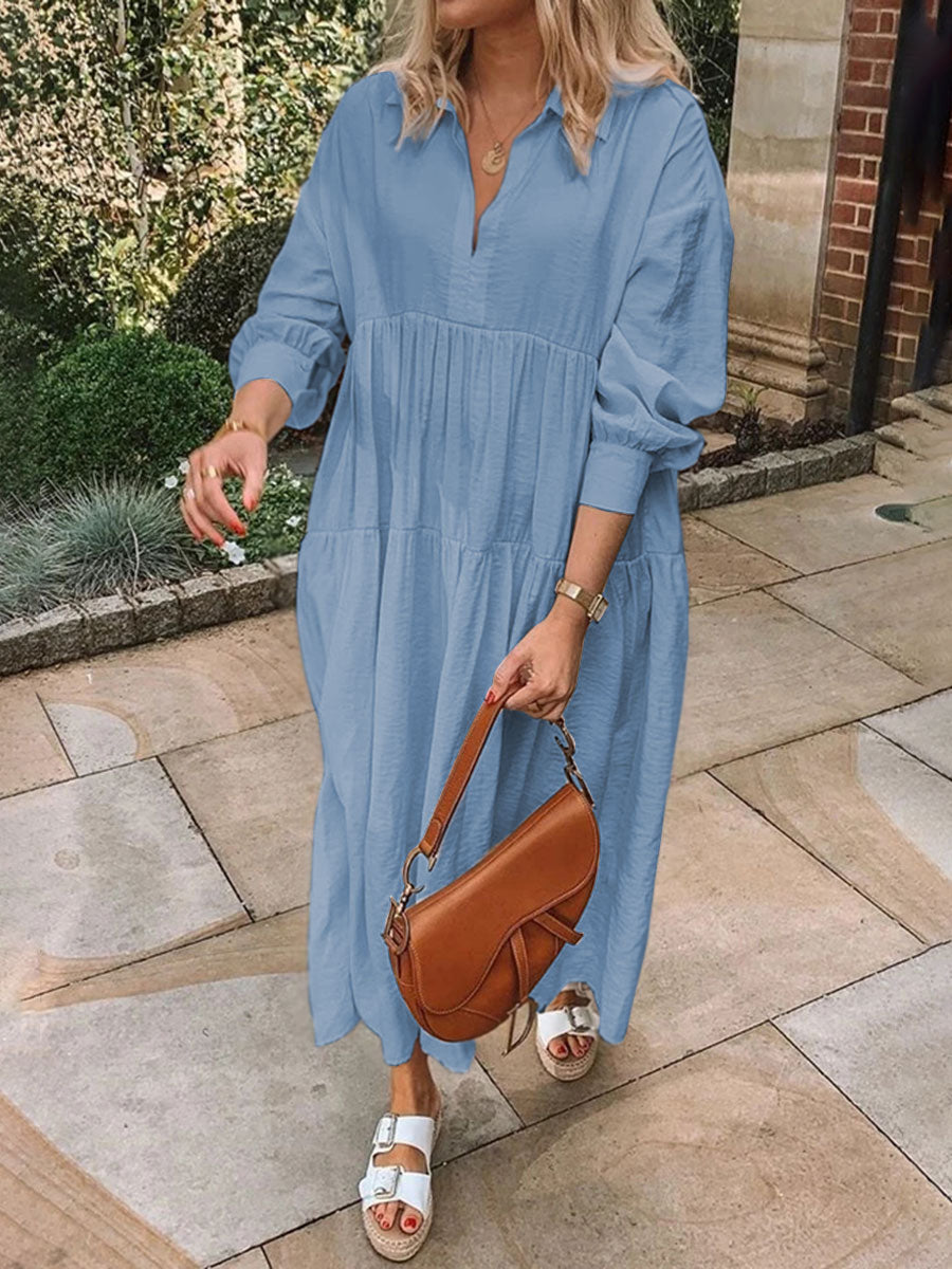 Casual Loose Paneled V Neck Solid Maxi Dress