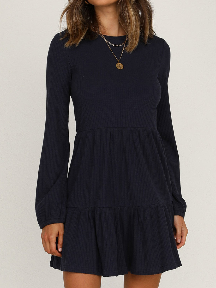 Long Sleeve Solid Color High Waist Casual Mini Dress