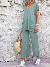Load image into Gallery viewer, Casual Simple Loose V Neck Top Pants Knitted Suit
