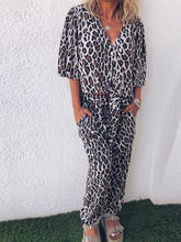 Load image into Gallery viewer, Retro Casual Loose V-Neck Short-Sleeved Shirt Pants Leopard Print Suit
