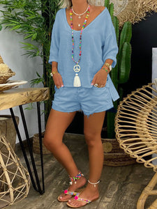 Simple Casual Loose V Neck Top Shorts Set