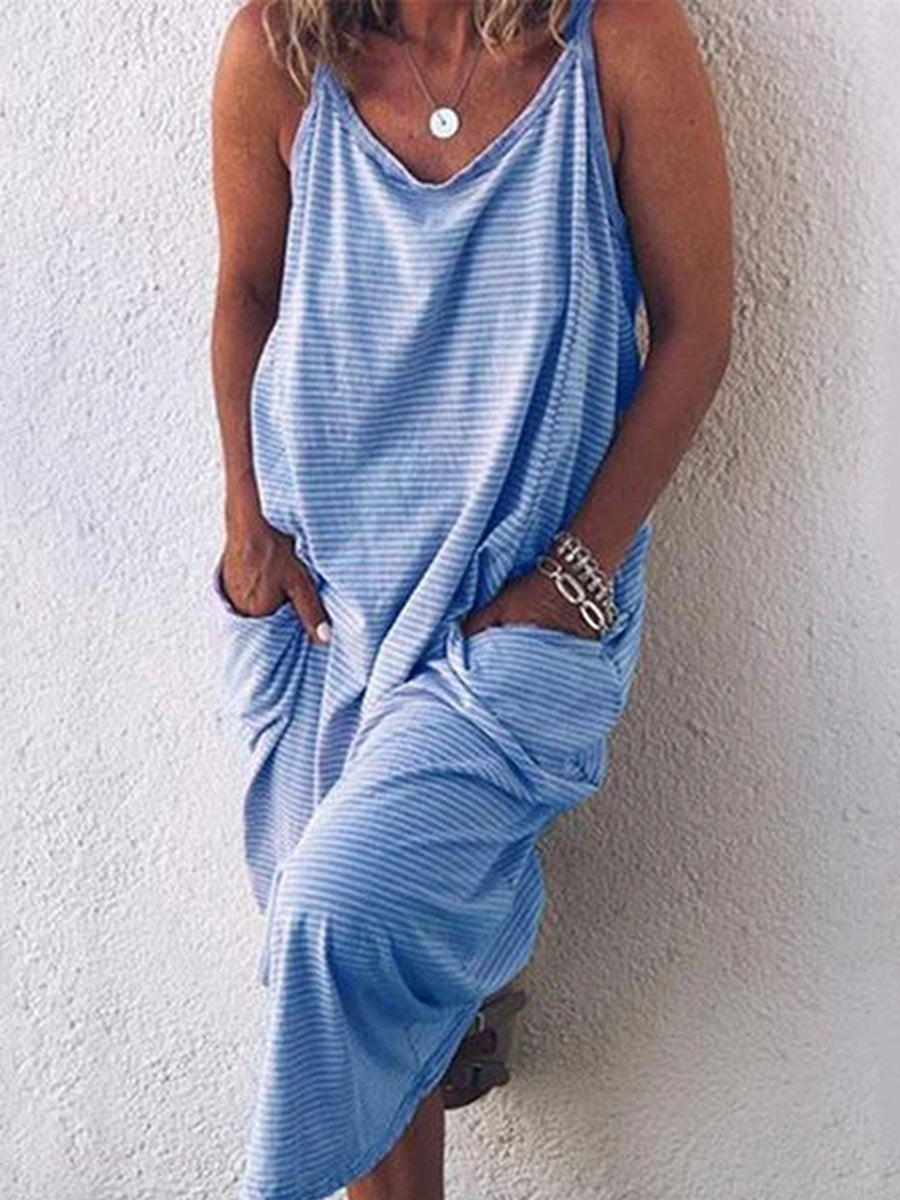 Striped Sleeveless Pocket Casual Dress