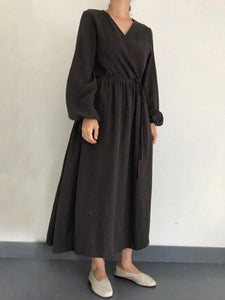 Solid Color Wild Fashion V-neck Long Sleeve Dress