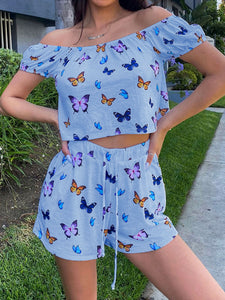Printed One Shoulder Shorts Casual Set