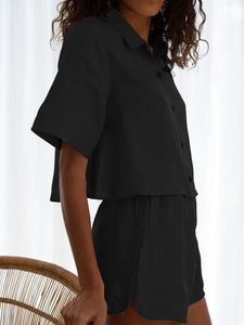 Casual Loose Solid Color Lapel Short Sleeve Two-piece Suit