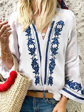 Load image into Gallery viewer, Bell Sleeve Printed Tribal V-Neck Blouse
