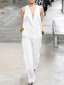 Casual Solid Color Sleeveless V-neck Jumpsuit