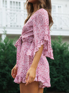 Lace Flared Sleeve Ruffled Casual Dress