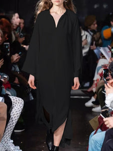 Casual Loose Solid Color V-neck Long Sleeve Dress