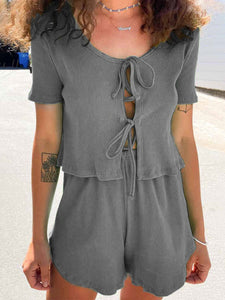 Solid Color Round Neck Lace Casual Two-piece Suit