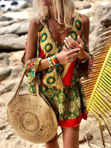 Bohemian V-neck Print Color Dress