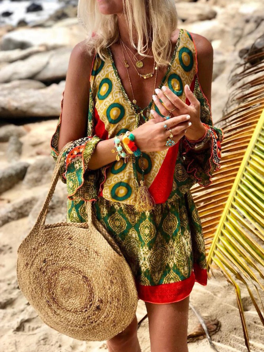 Bohemian V-neck Print Color Dress