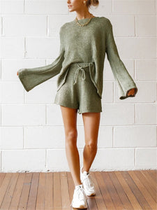 Fashionable Simple Casual Loose Long Sleeve Shorts Knitted Suit