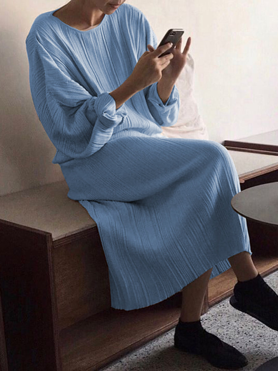 Casual Loose Solid Color Round Neck Long Sleeve Dress
