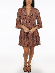 Deep V-neck Mid-sleeved High Waist Printed Midi Dress