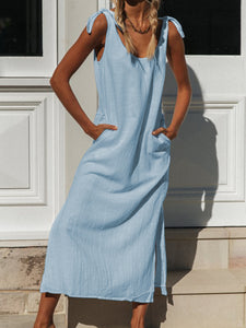 Casual Loose Solid Color Round Neck Split Dress