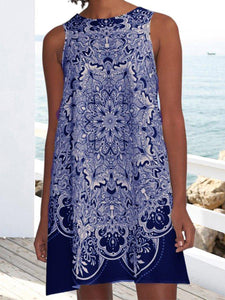 Retro Pockets Crew Neck Tribal Sleeveless Dresses