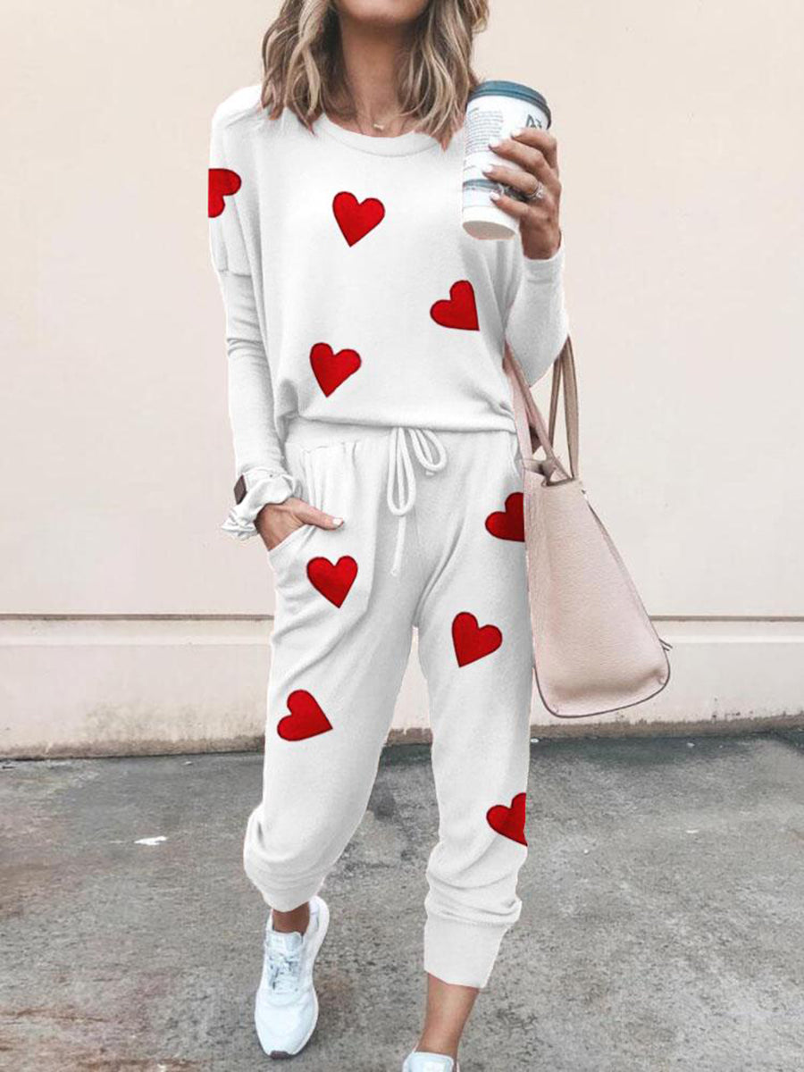 Casual Heart-shaped Printing Two-piece Suit