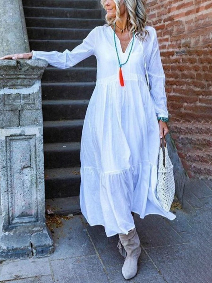 V-Neck Solid Color Loose Long Dress