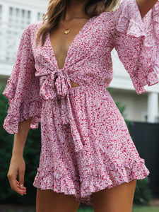Lace Flared Sleeve Ruffled Casual Dress