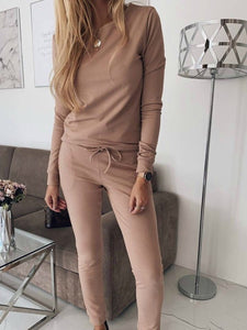 Casual Solid Color Long-sleeved Top Two-piece Suit