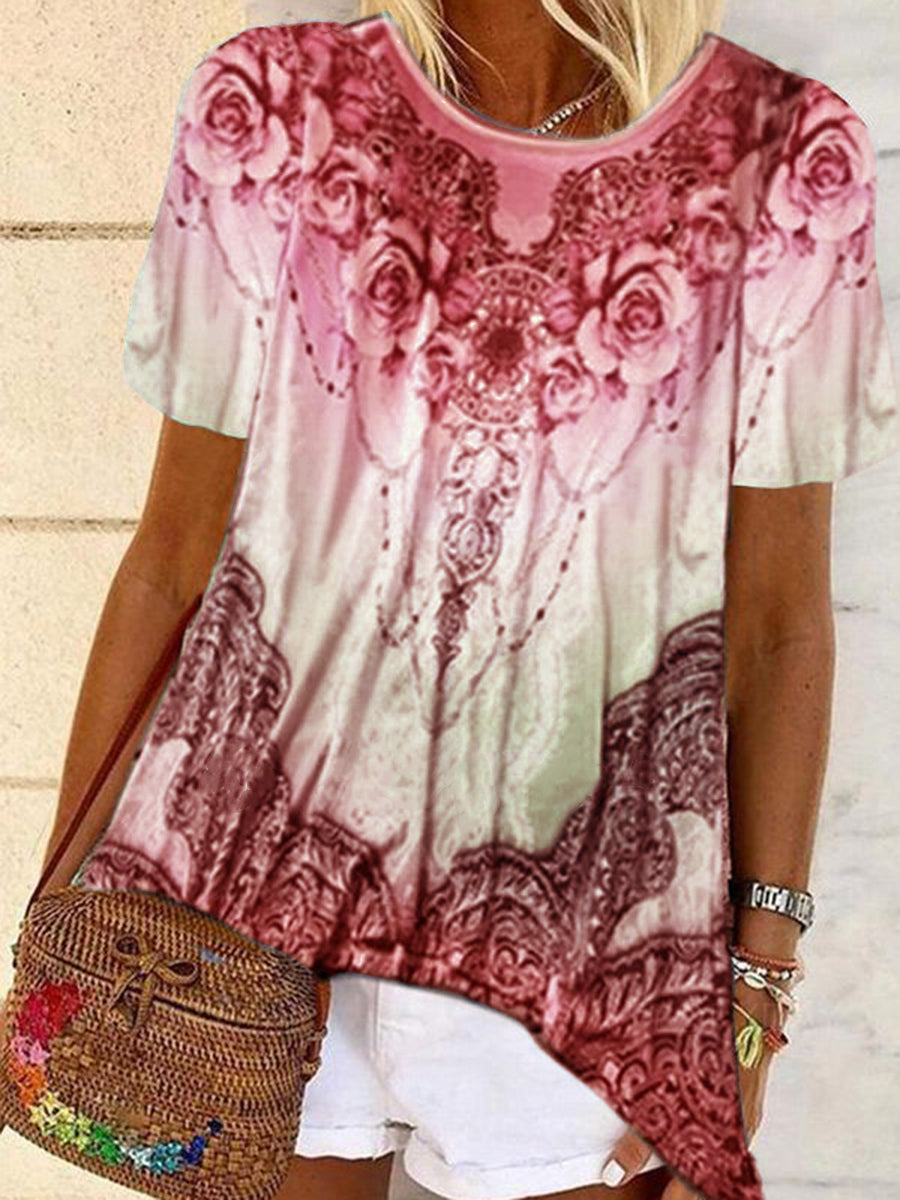Bohemian Vintage Round Neck Short Sleeve Floral Top