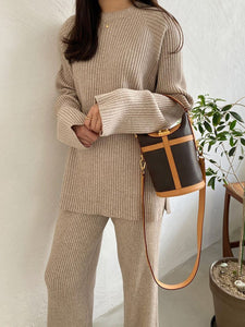 Pure Color Knitted Long Sleeve Casual Suit