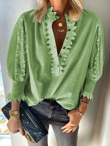 Button Collar Stringy Selvedge Puff Sleeves Casual Tops
