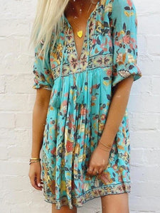 Boho Print 3/4 Sleeve Tassel Mini Dress