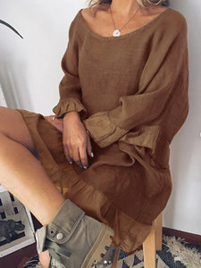 Patchwork Cotton-Blend Casual Bell Sleeve Dress