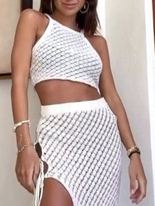 Solid Color Cutout Knitted Suit