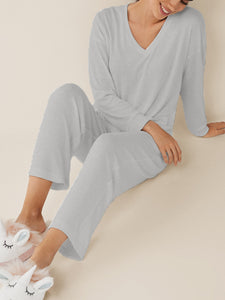 Home Solid Color V-neck Two-piece Suit