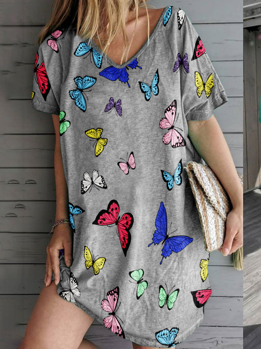 Printed V-Neck Short Sleeve Dress