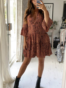 Deep V-neck Mid-sleeved High Waist Printed Midi Dress