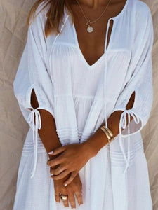 Boho Pure Color Half Sleeve Deep V-Neck Casual Dress