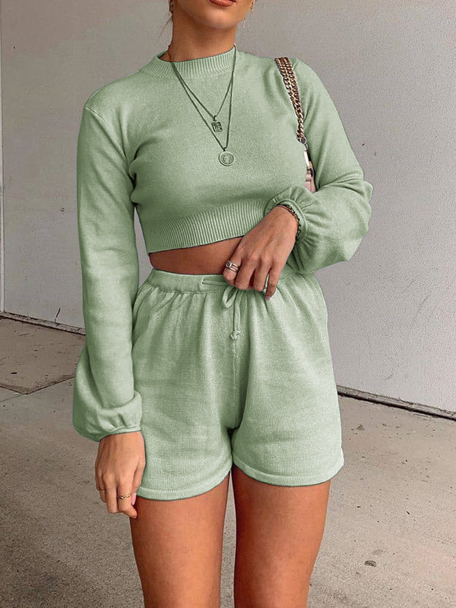 Casual Loose Solid Color Bubble Sleeve Two-piece Suit
