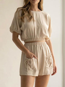 Casual Round Neck Short Sleeve Solid Color Two-piece Suit